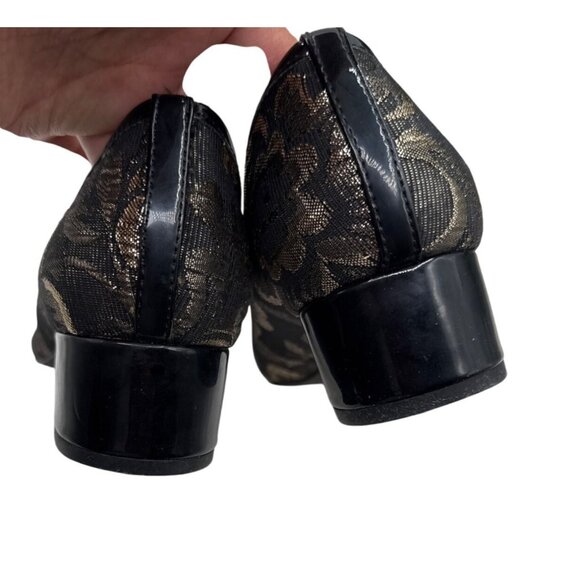 Bandolino Size 7.5 Business Style Floral Square Toe Slip On Black Gold Heels - Picture 12 of 13